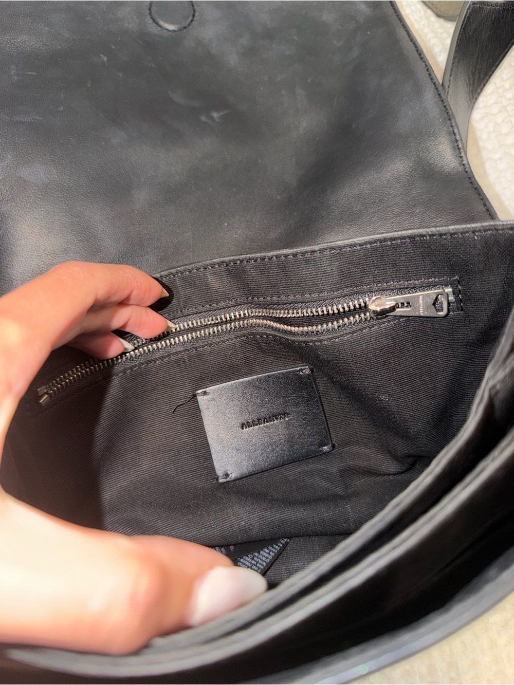 AllSaints Black Leather Flap Crossbody Bag | Wide Adjustable Strap - Picture 6 of 6